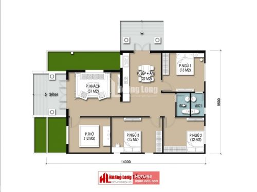 Thiết kế biệt thự 1 tầng 130m2 tại huyện Cao Lộc